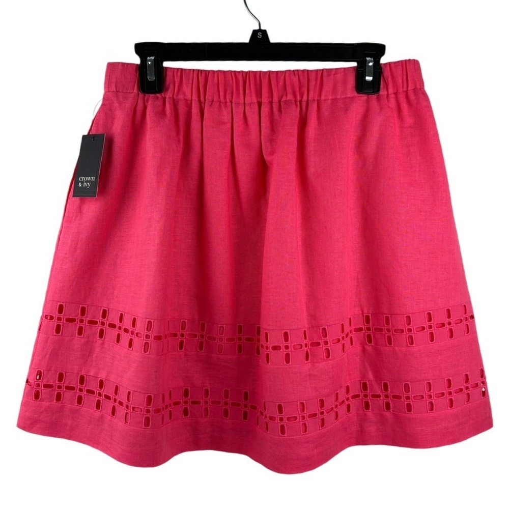 NWT Crown & Ivy Skirt Coral Pink Linen Blend Eyelet Hem Pockets Skirt 8 - Picture 3 of 9